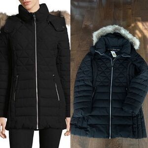 Marc New York Faux Fur Hooded Quilted Coat-BLACK-Small